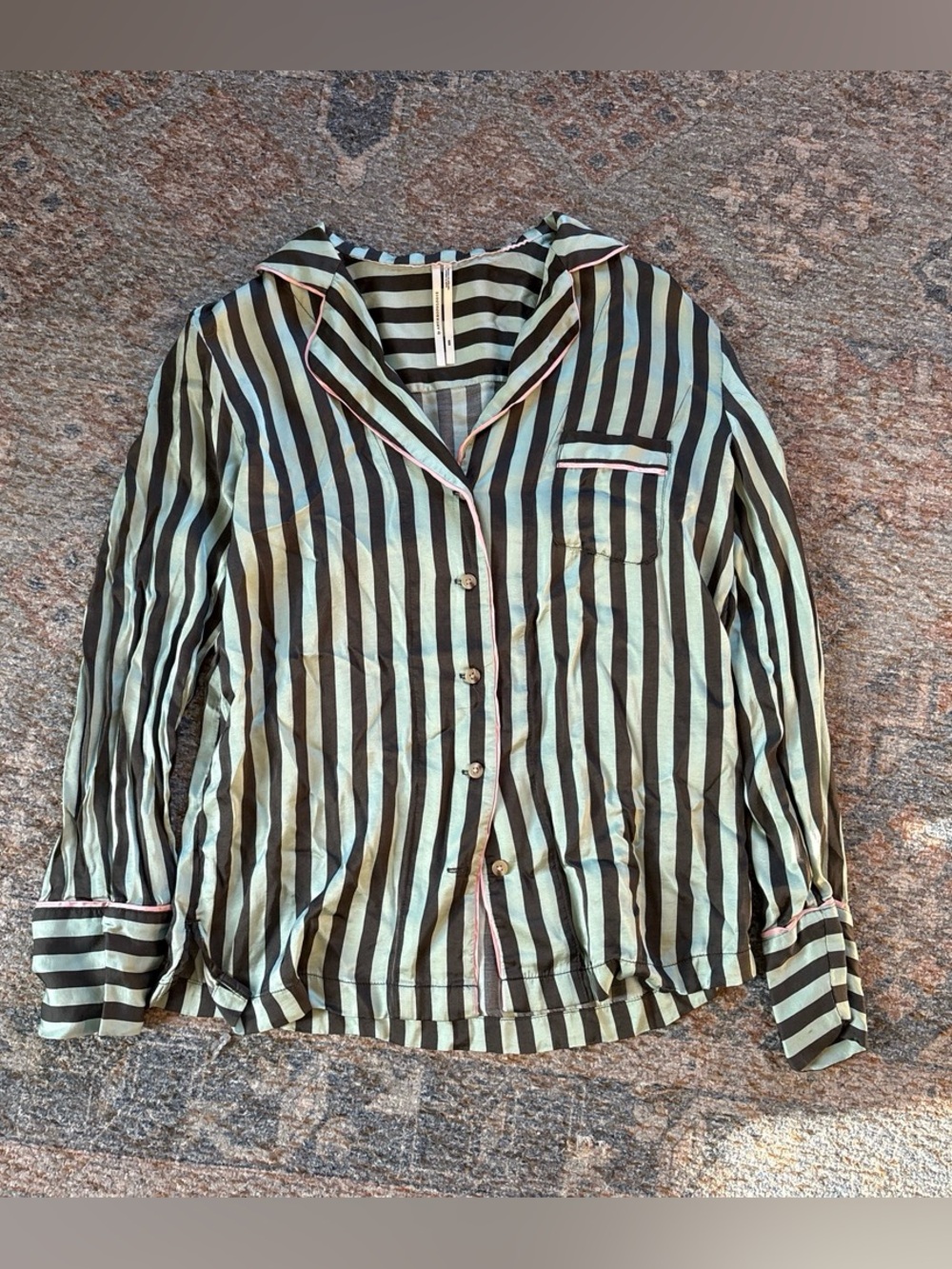 Anthropologie Striped Satin Pajama Top - Mint Green & Dark Grey